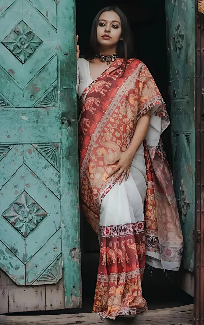 White Leaf Digital Printed Linen Cotton Saree | DG-202