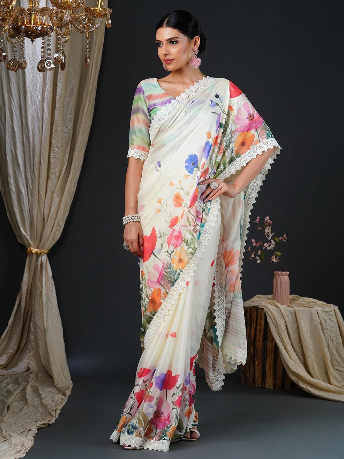 Floral Digital Printed Satin Silk Saree With Blouse Piece | DG-226