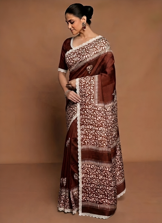 Chocolate Brown Ivory Digital Print Pure Silk With Lace Work Saree With Blouse Piece | DG-150