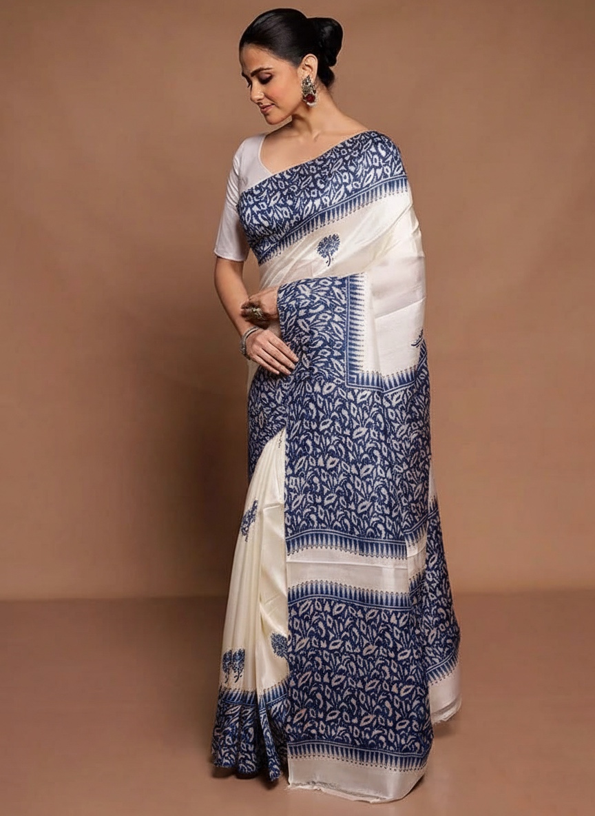 Cream Digital Print Pure Silk Saree With Blouse Piece | DG-128(Blue)
