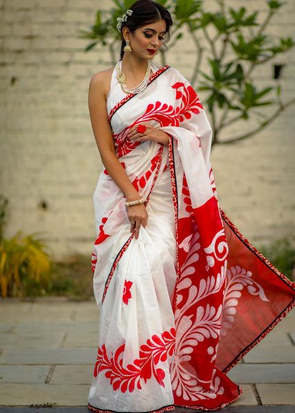 White and Red semi Moslin Silk Saree With Blouse Piece | DG-155