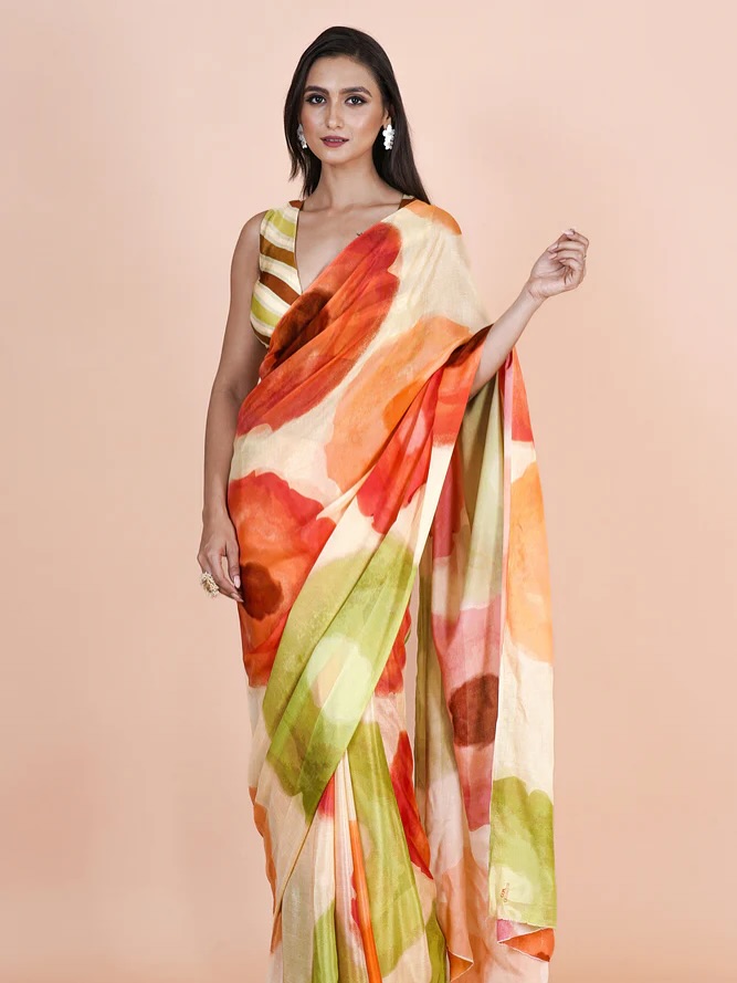 Multicolor Glossy Soft Silk Digital Print Saree With Unstitched Blouse Piece | DG-166