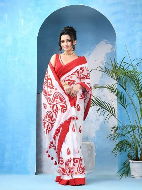 White and Red semi Moslin Silk Saree With Blouse Piece | DG-156