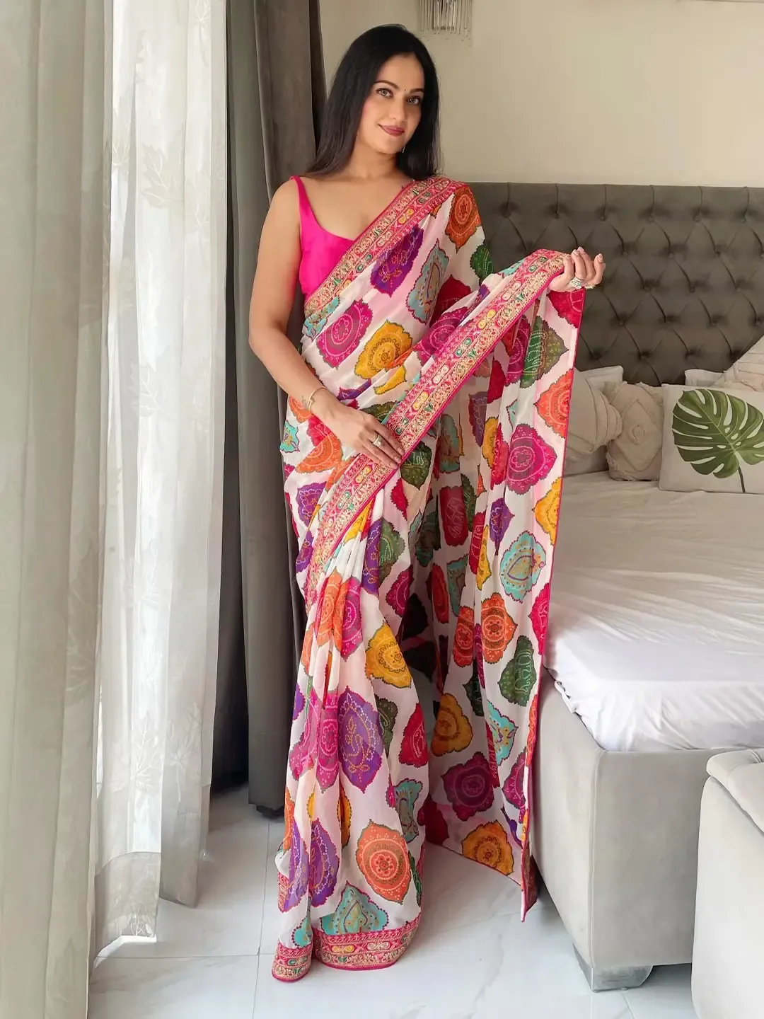 Bandhani Digital Printed and Lace Embroidered Work Chanderi Silk Saree With Blouse piece