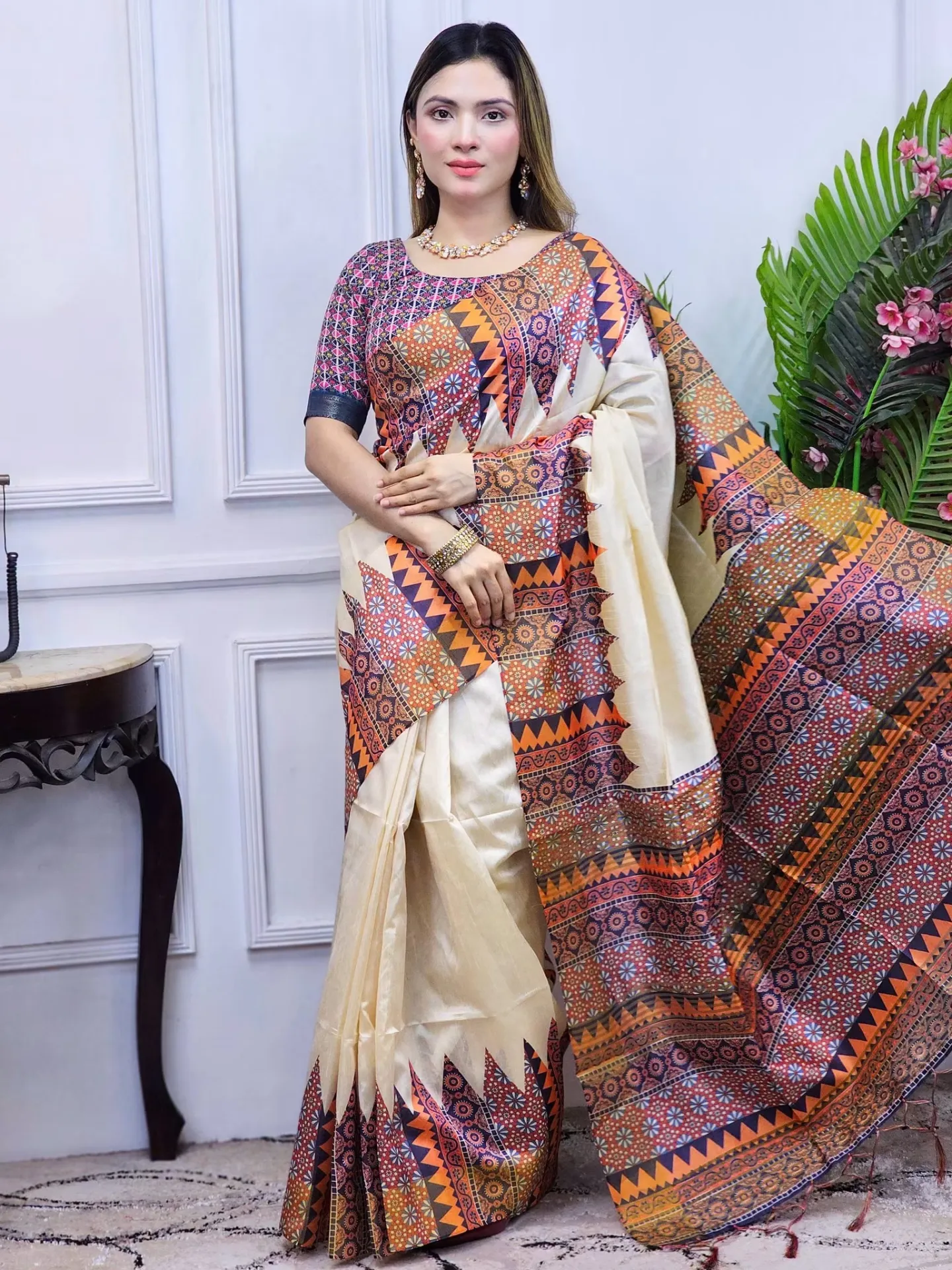 Elegant Multicolor Ethnic Design Soft Glossy Silk Digital Print Saree