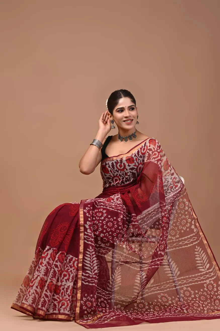 Traditional Block Design Digital Print Kota Doria Cotton Saree - Maroon Color