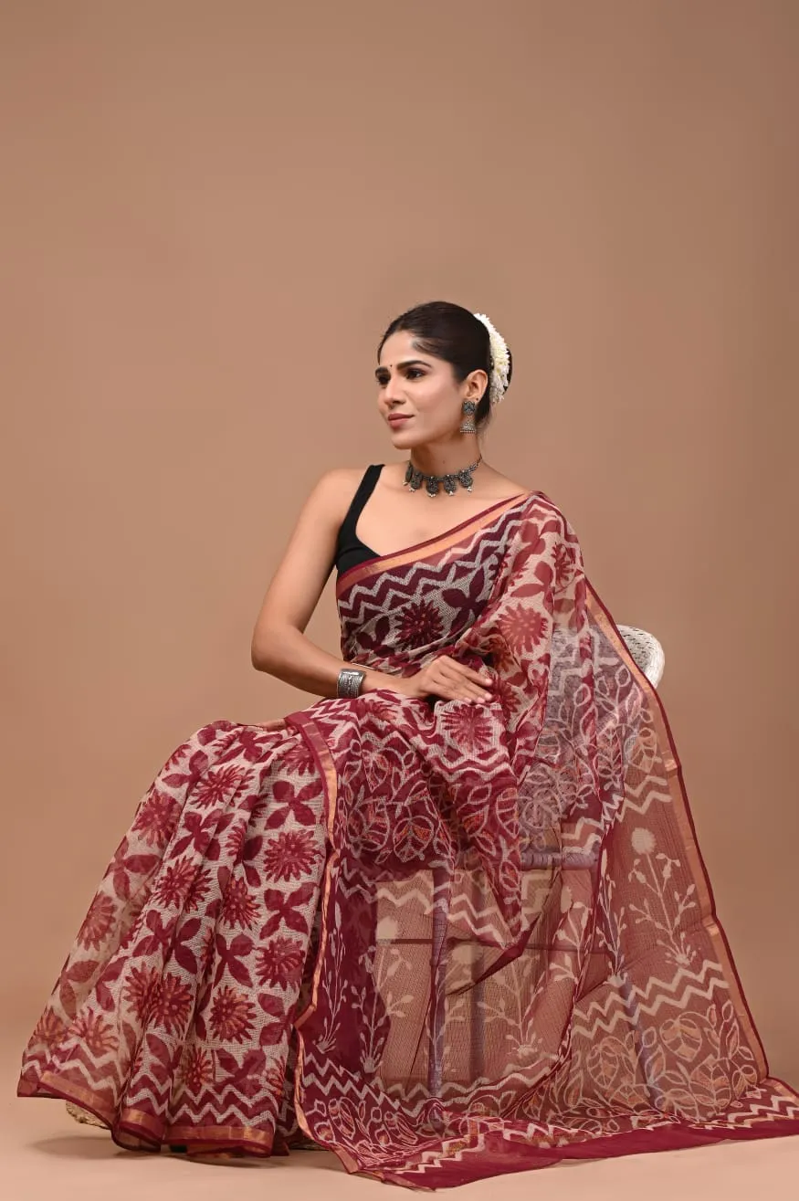 Traditional Block Design Digital Print Kota Doria Cotton Saree - Maroon Color