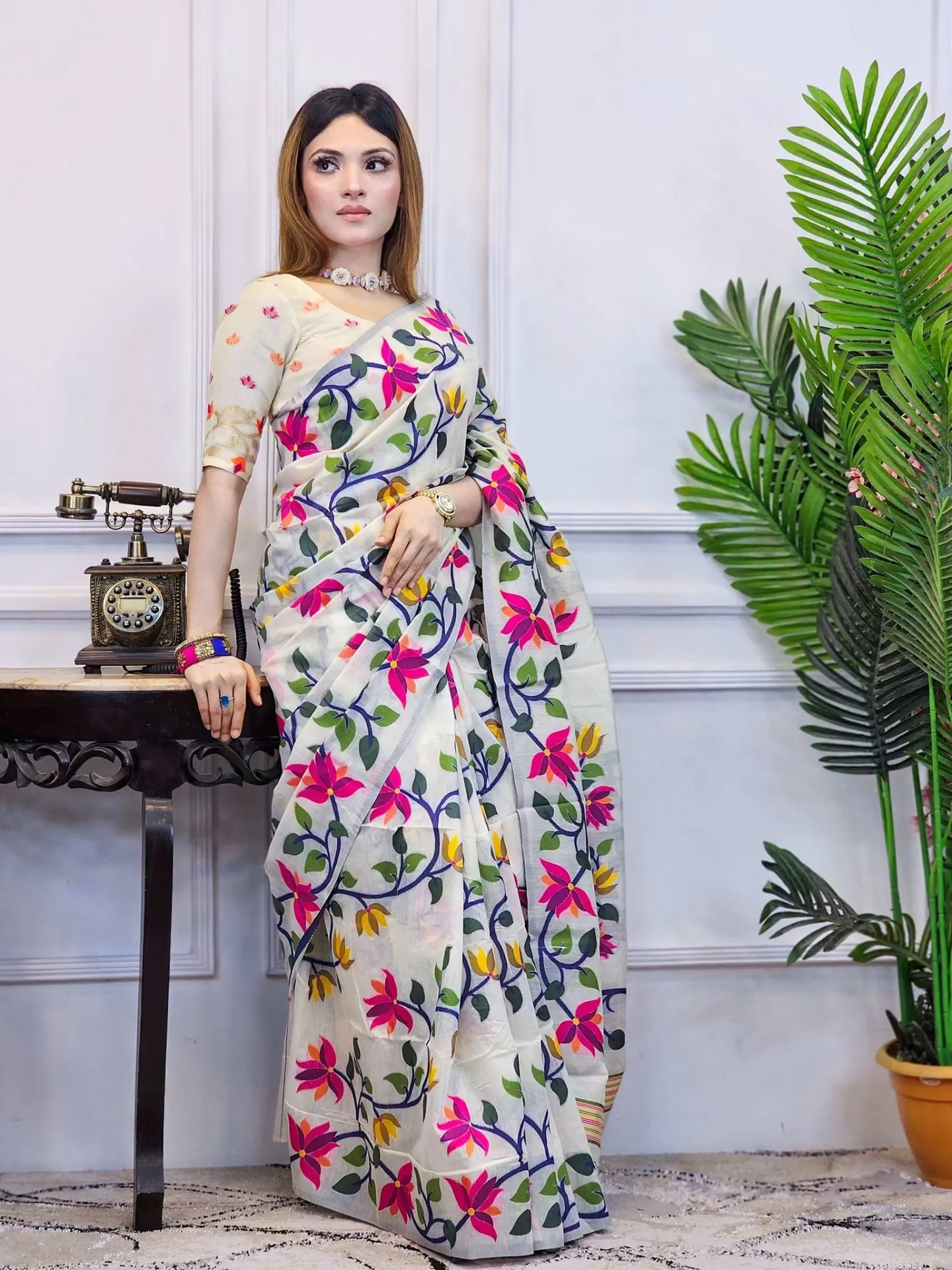 Floral Design Chanderi Silk Digital Printed Saree With Blouse Piece