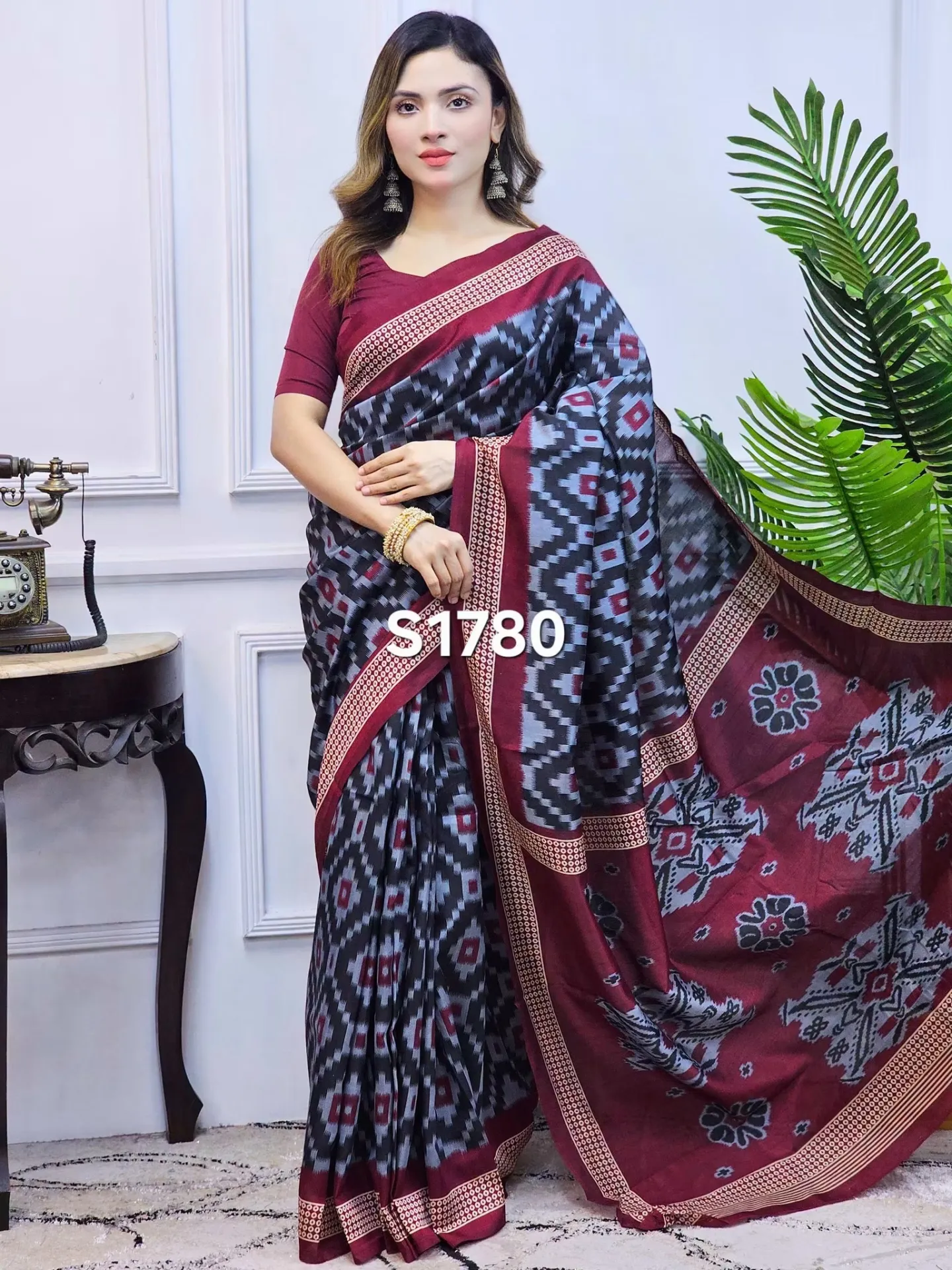 Ikkat Design Chanderi Silk Digital Printed Saree With Blouse Piece