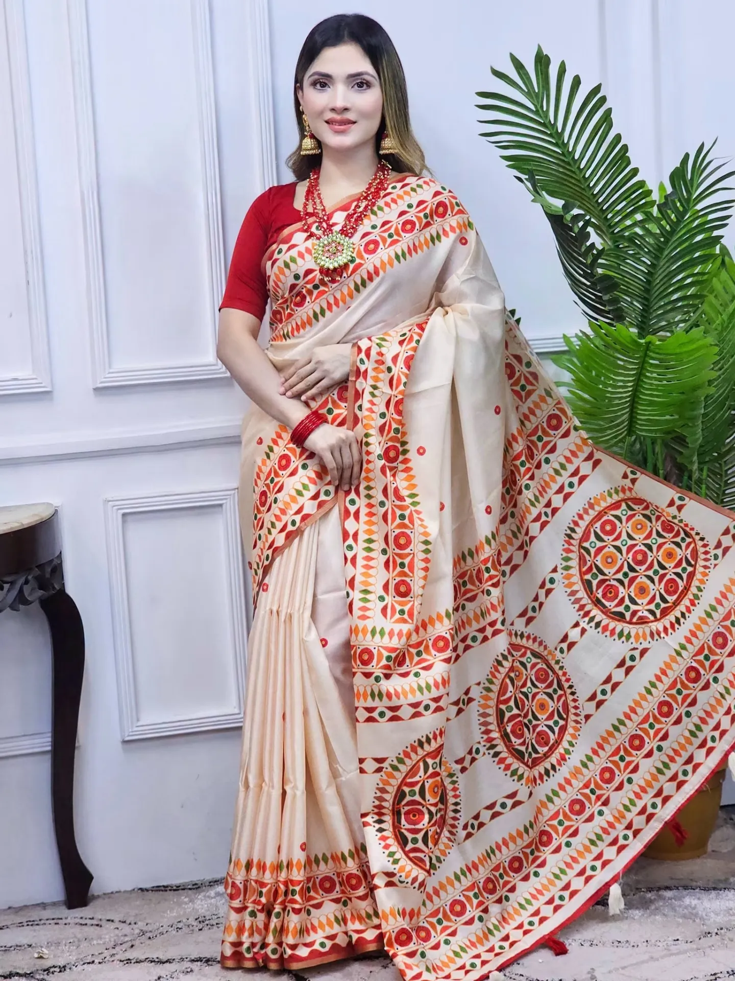 Alpona Design Soft Glossy Silk Digital Printed Saree With Blouse Piece