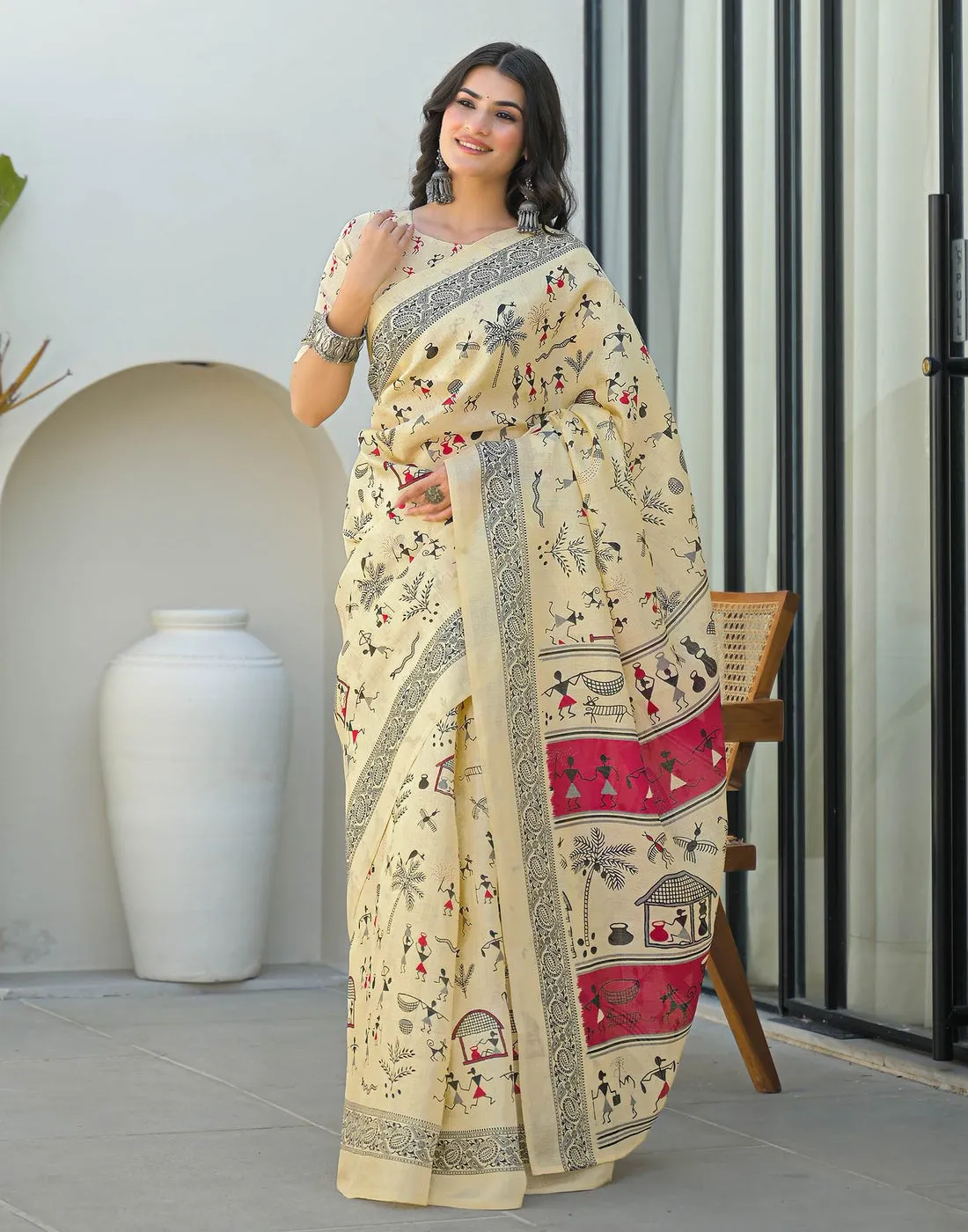 Beige Khadi Digital Printed Chanderi Silk Saree