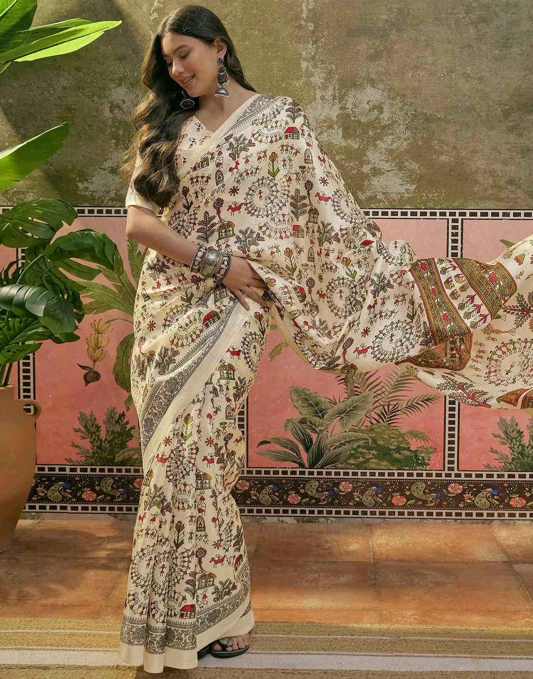 Beige Khadi Digital Printed Chanderi Silk Saree