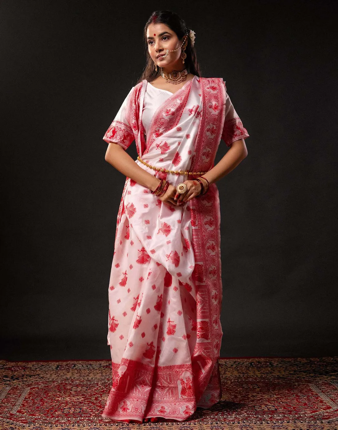 White Chanderi Silk Digital Print Durga Puja Saree